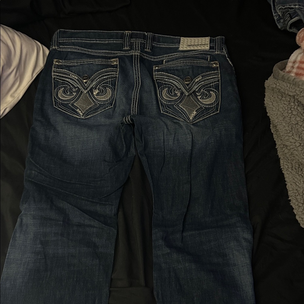 Affliction Dark Blue Bootcut Jeans with Embroidery